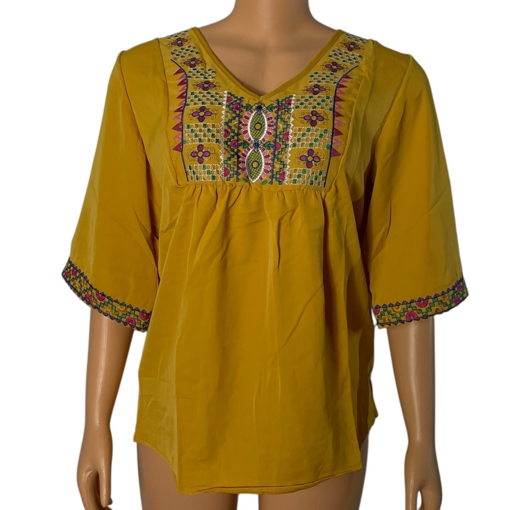 Boho Floral Embroidered Blouse for Women, Elbow-Length Sleeves, Mustard